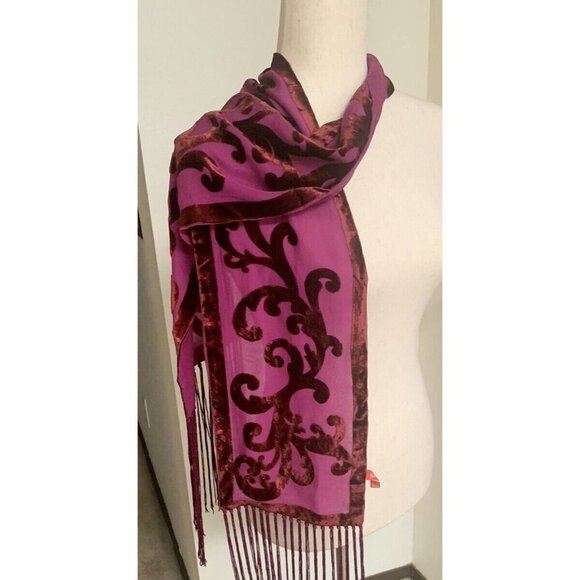Vtg Anne Klein Sheer Nylon Velvet Plum Wine Scroll w Fringe Neck Scarf 7" x 64" - Picture 5 of 11